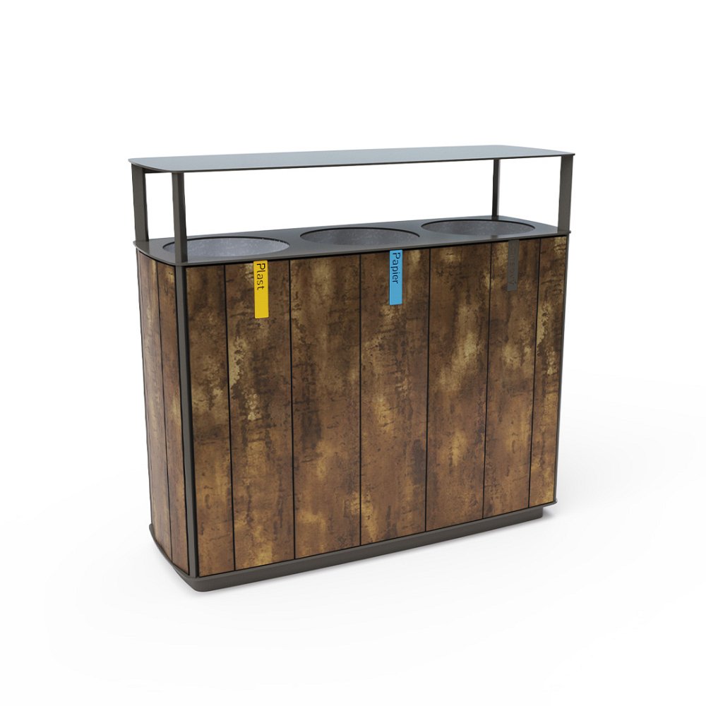 Trojitý odpadkový koš na separovaný odpad se stříškou 3x50l HPL